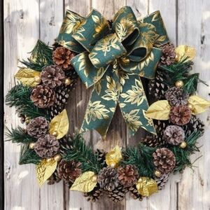 Pinecone Wreath with Pine Sprigs & Gold Leaves